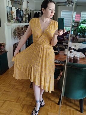 Anthropologie Maeve Yellow Print Wrap-Style V-Neck Jersey Midi Dress Size M
